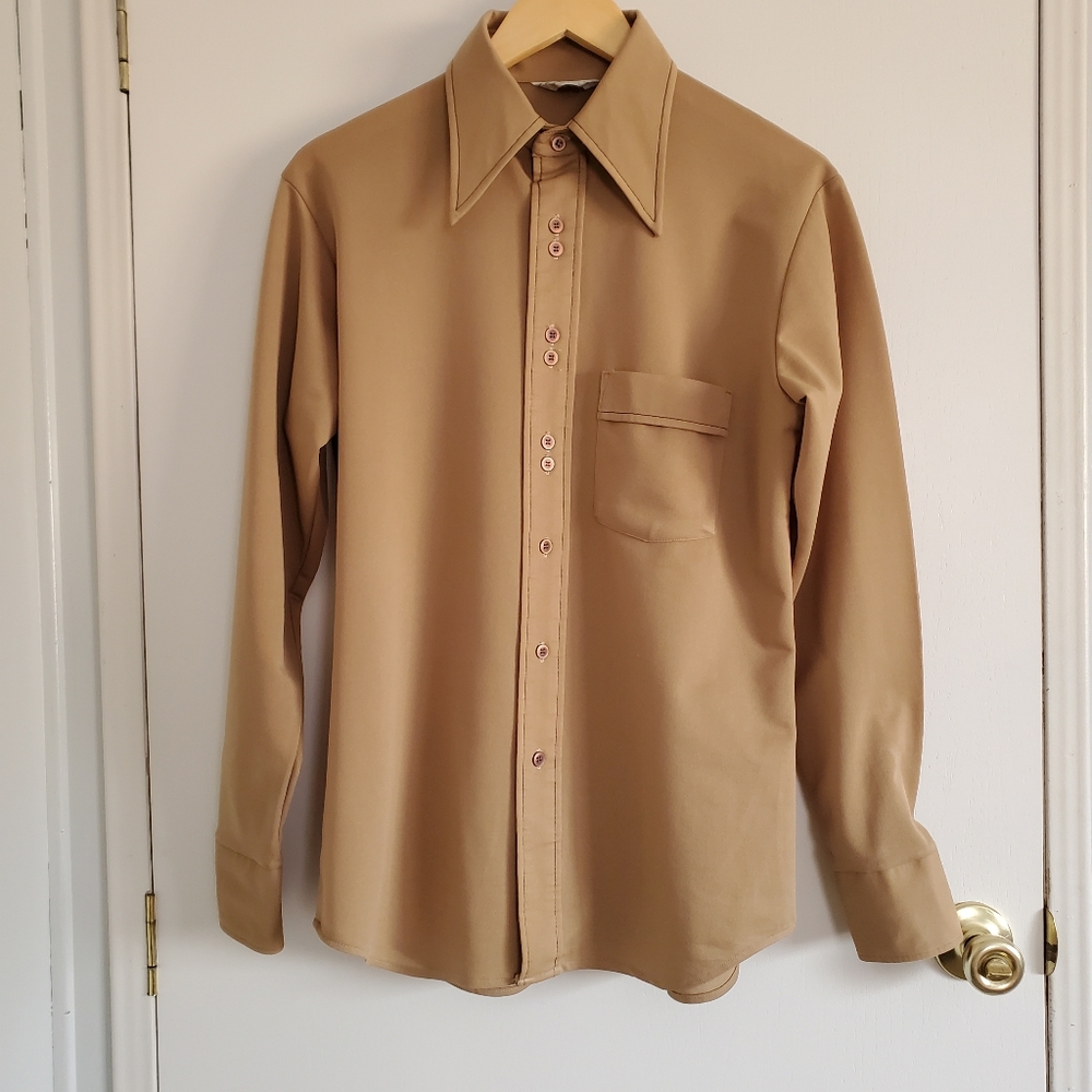 Vintage Carrer Club Disco Collar Shirt M Tan With Brown Stitch
